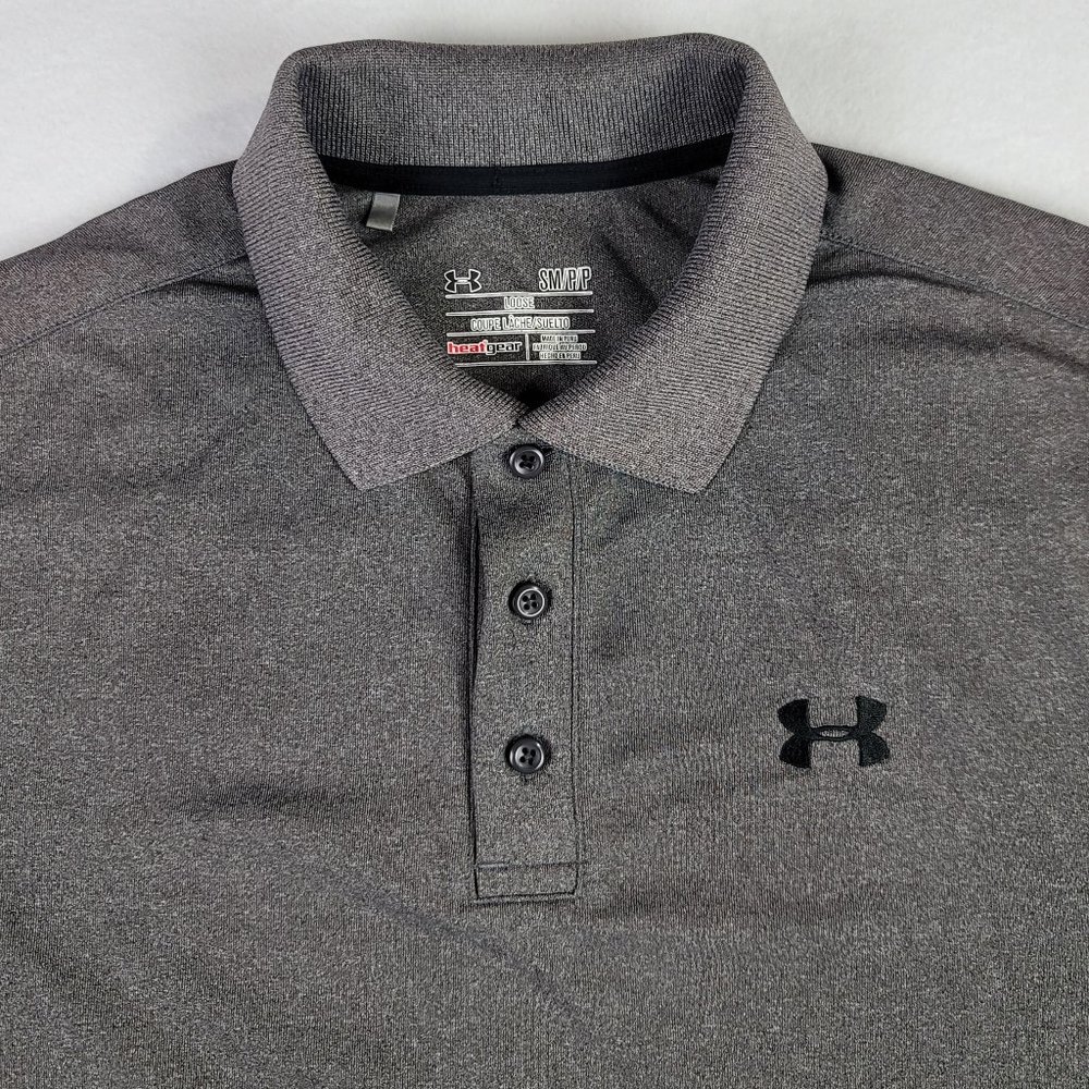 Under Armour Polo Shirt Men's Small Gray Solid Golf Short Sleeve Heatgear Loose